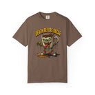 Brown unisex cotton t-shirt with a graphic of a zombie coffee mug character.
