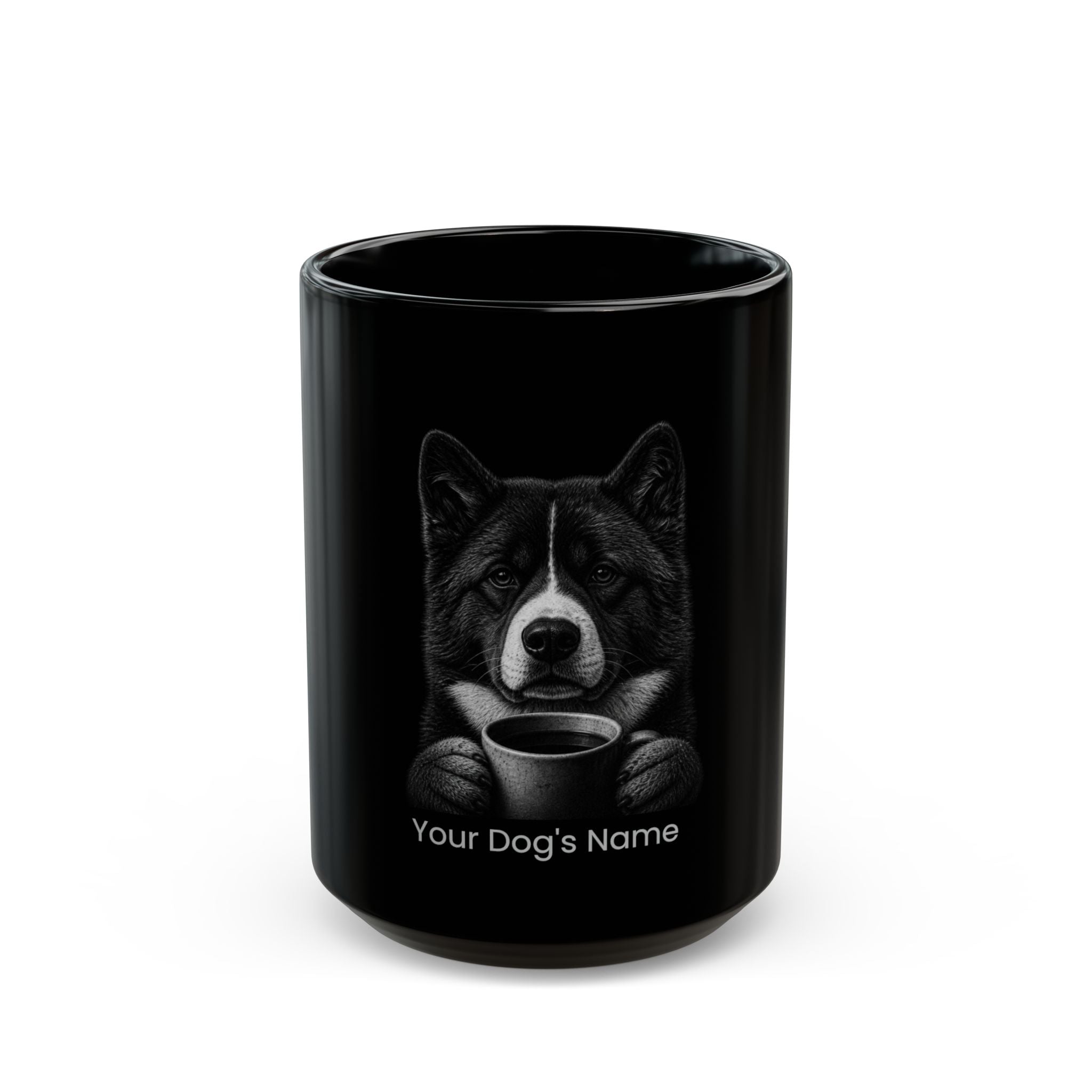Personalized Japanese Akita black ceramic coffee mug with custom dog name