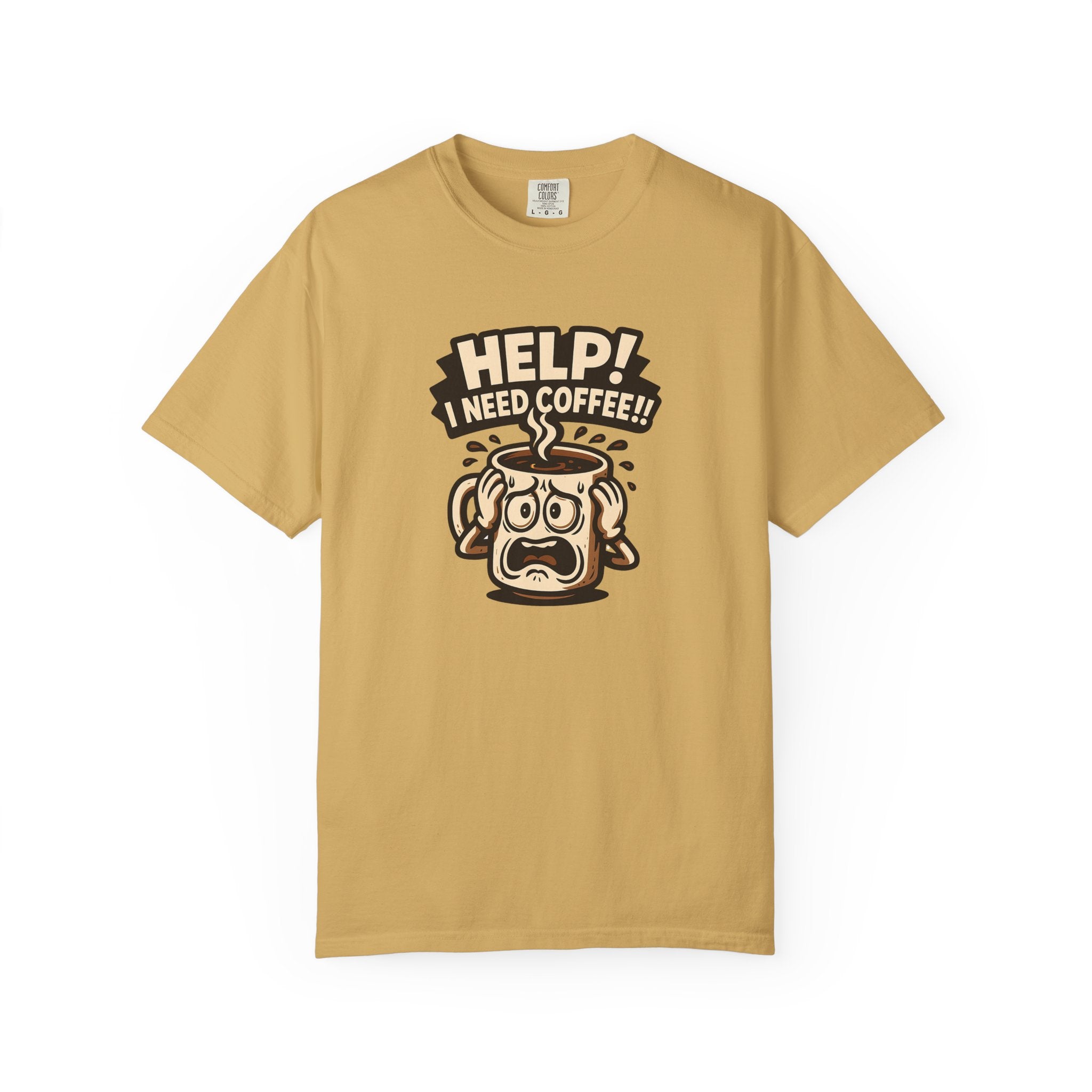 A tan oversized cotton t-shirt featuring a graphic of a panicked coffee mug holding its head.