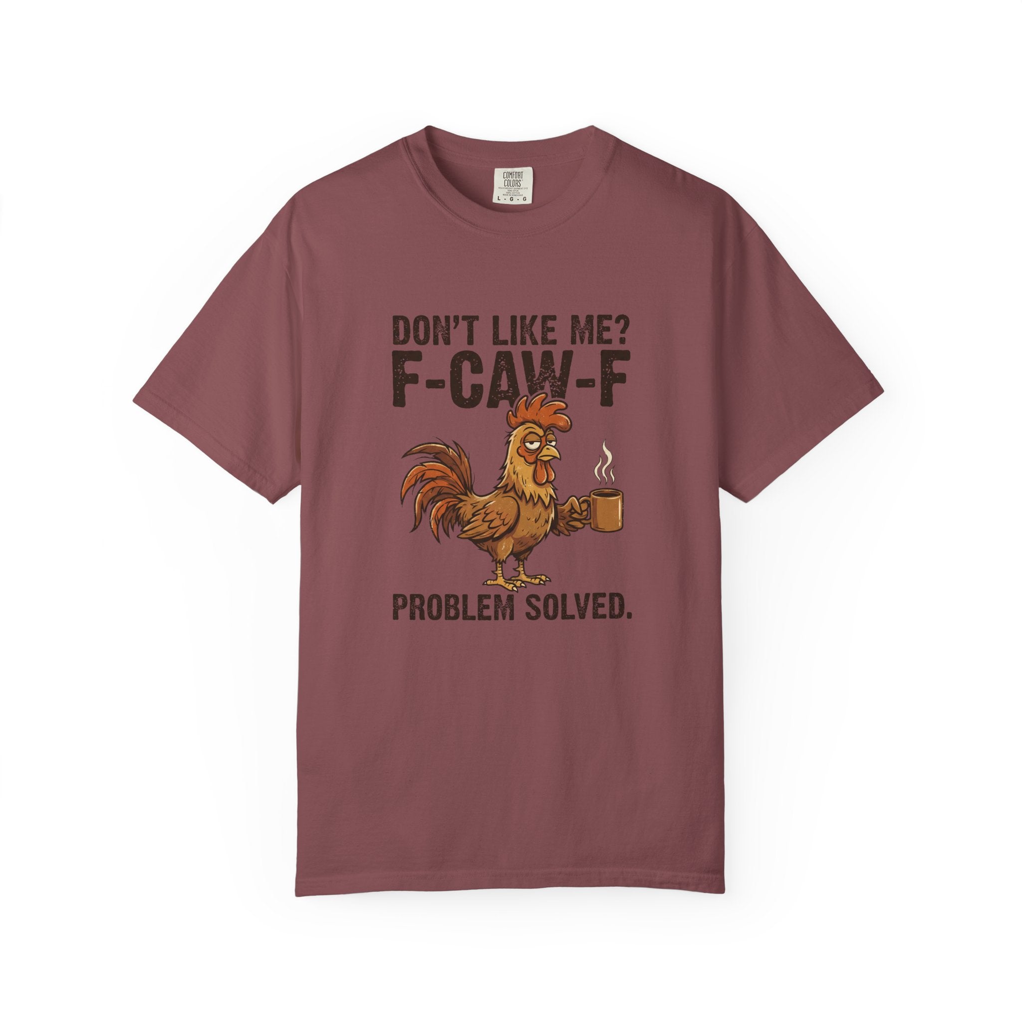 A maroon unisex t-shirt featuring a distressed graphic of a rooster holding a coffee mug.