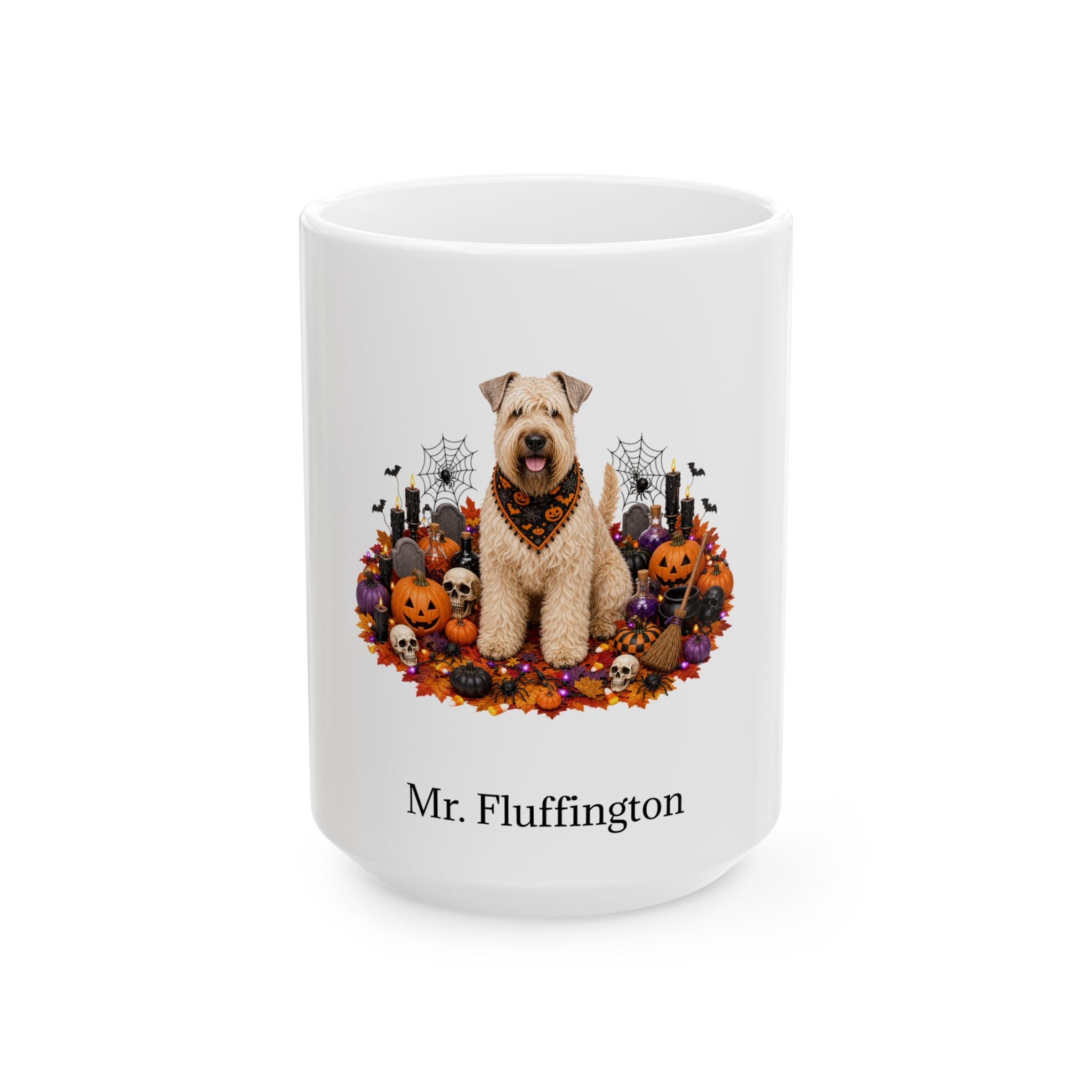 Personalized Soft Coated Wheaten Terrier dog Halloween mug, 11oz white ceramic, with custom pet name on front