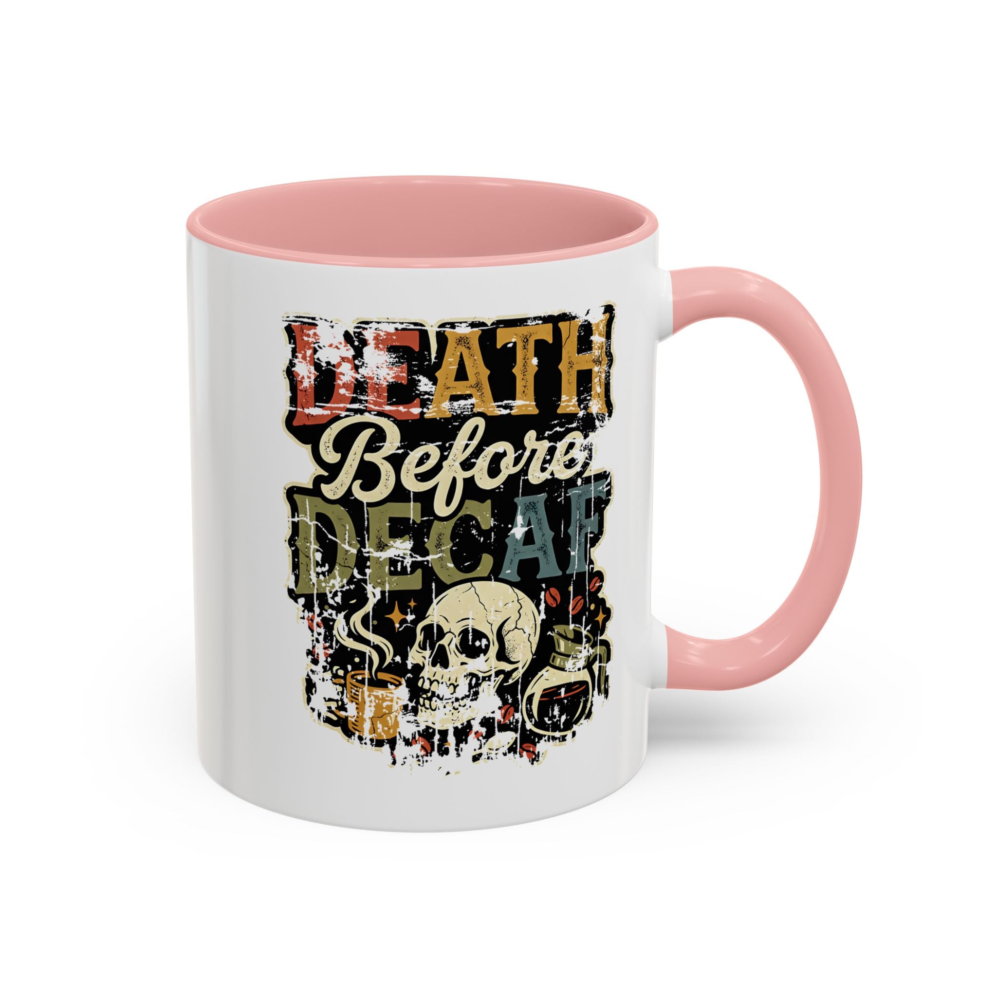 White ceramic coffee mug with a pink handle and rim, featuring a retro skull and coffee graphic.