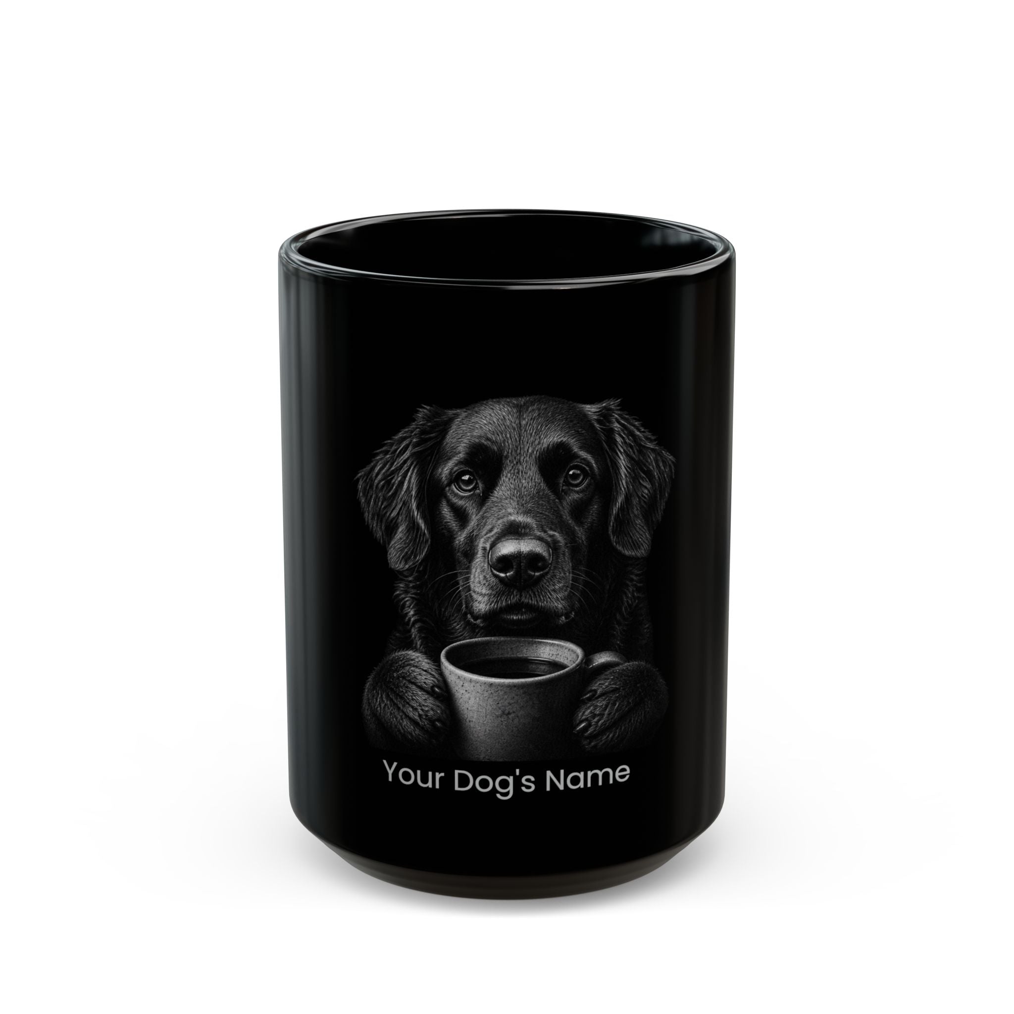 Personalized Flat-Coated Retriever black ceramic coffee mug with custom dog name
