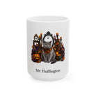 Personalized British Shorthair cat Halloween mug, 15oz white ceramic, with custom pet name on front