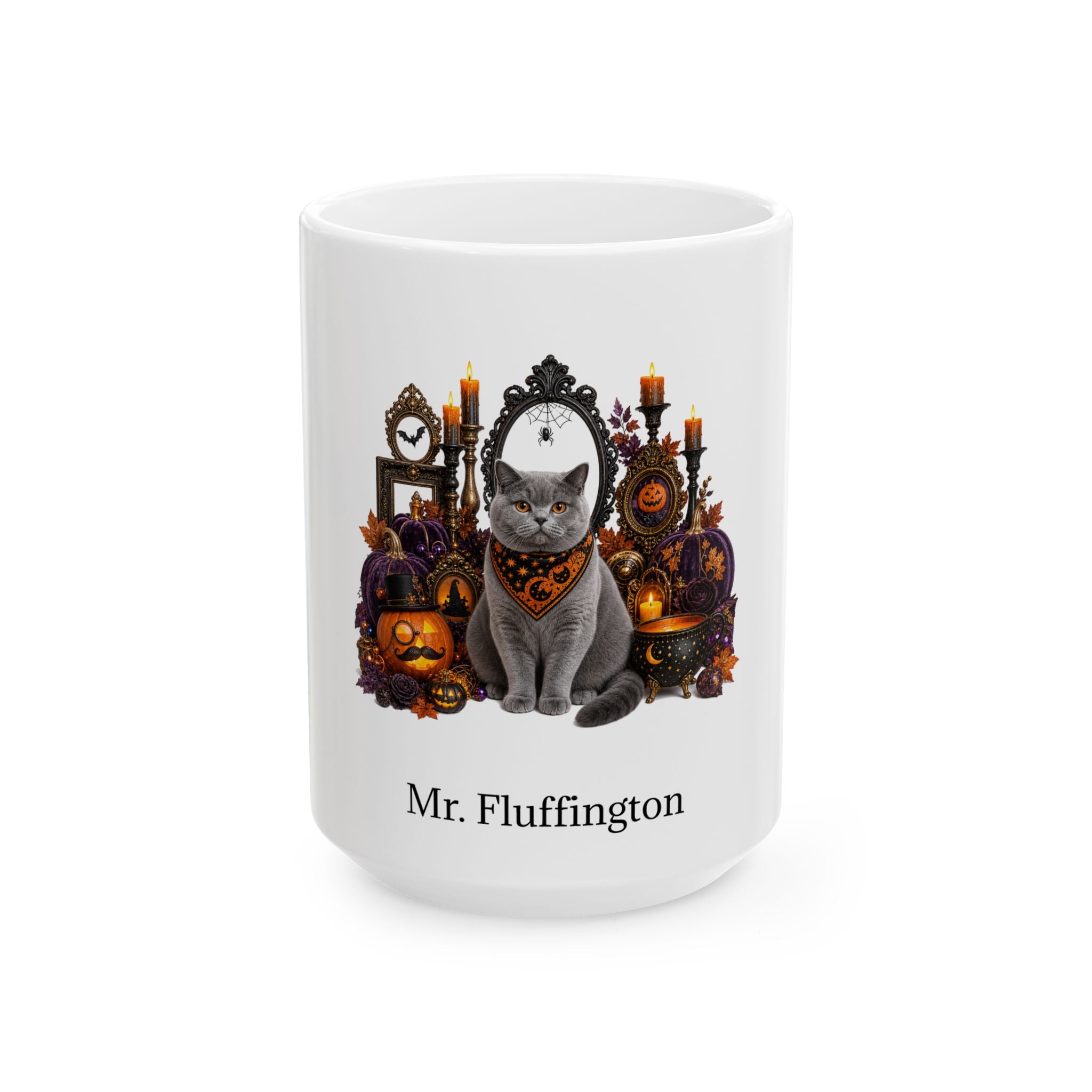 Personalized British Shorthair cat Halloween mug, 15oz white ceramic, with custom pet name on front