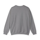 The back view of a plain heather gray crewneck sweatshirt made from a cotton blend.