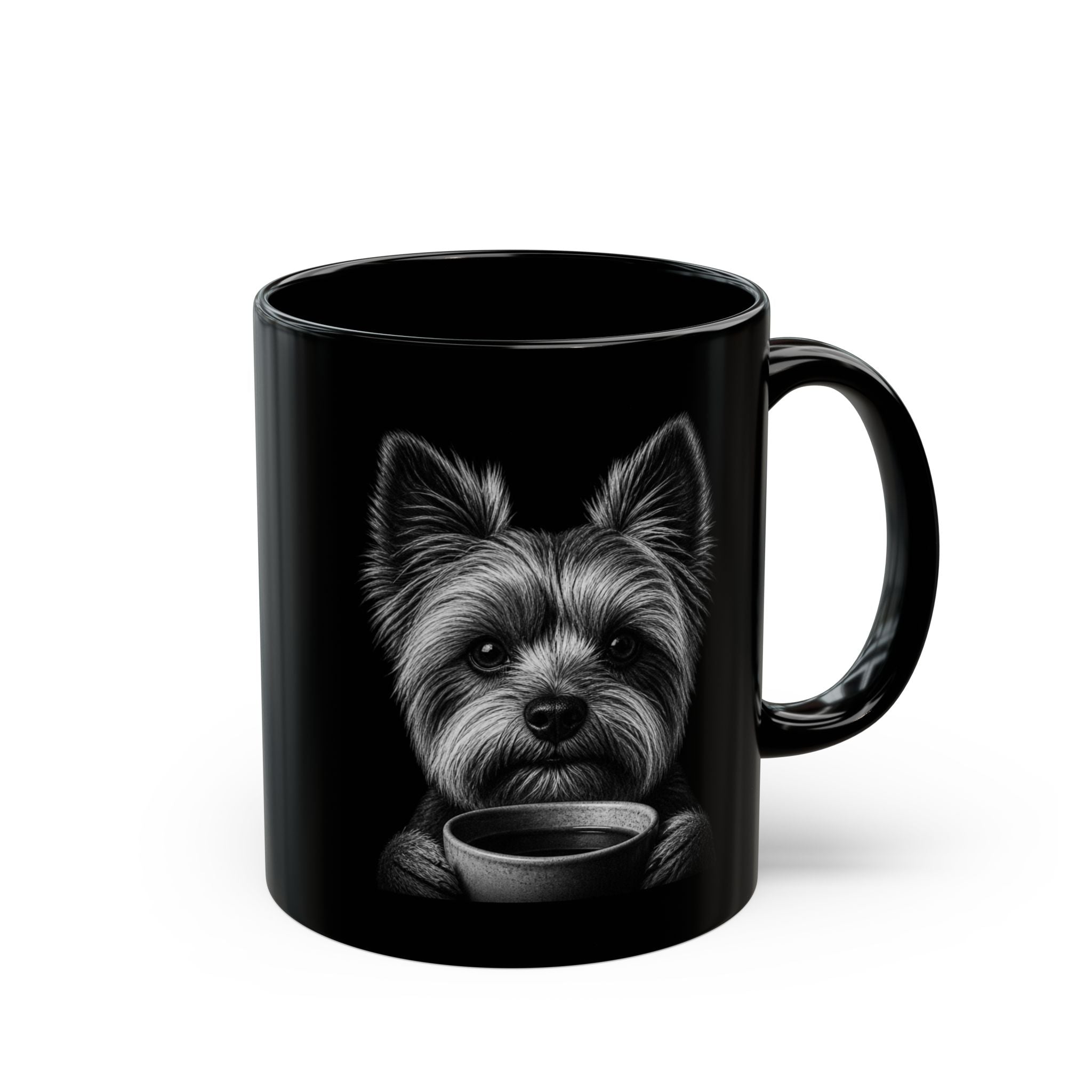 Yorkie Over Coffee — Black Ceramic Mug