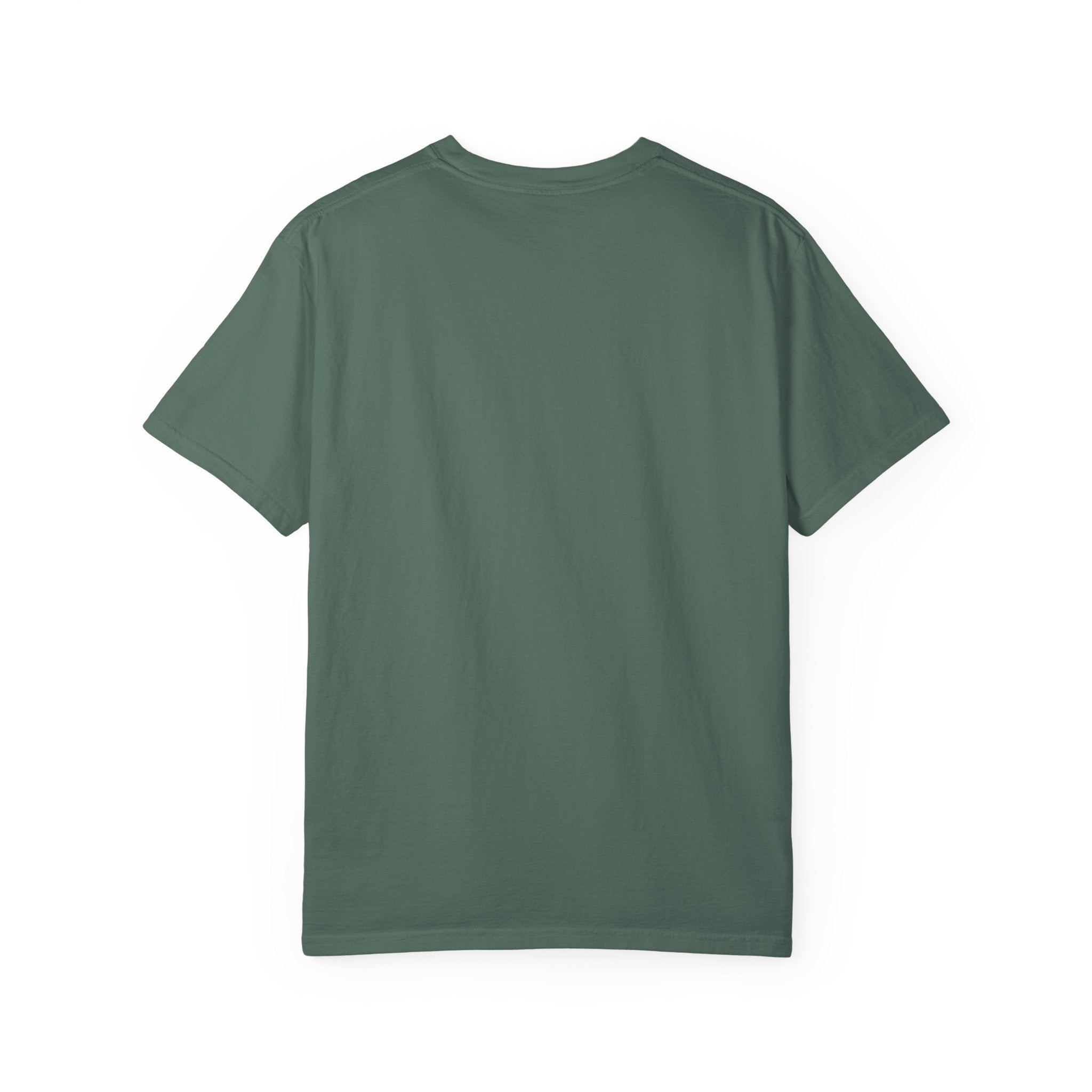 A plain, dark green short-sleeved t-shirt shown from the back.