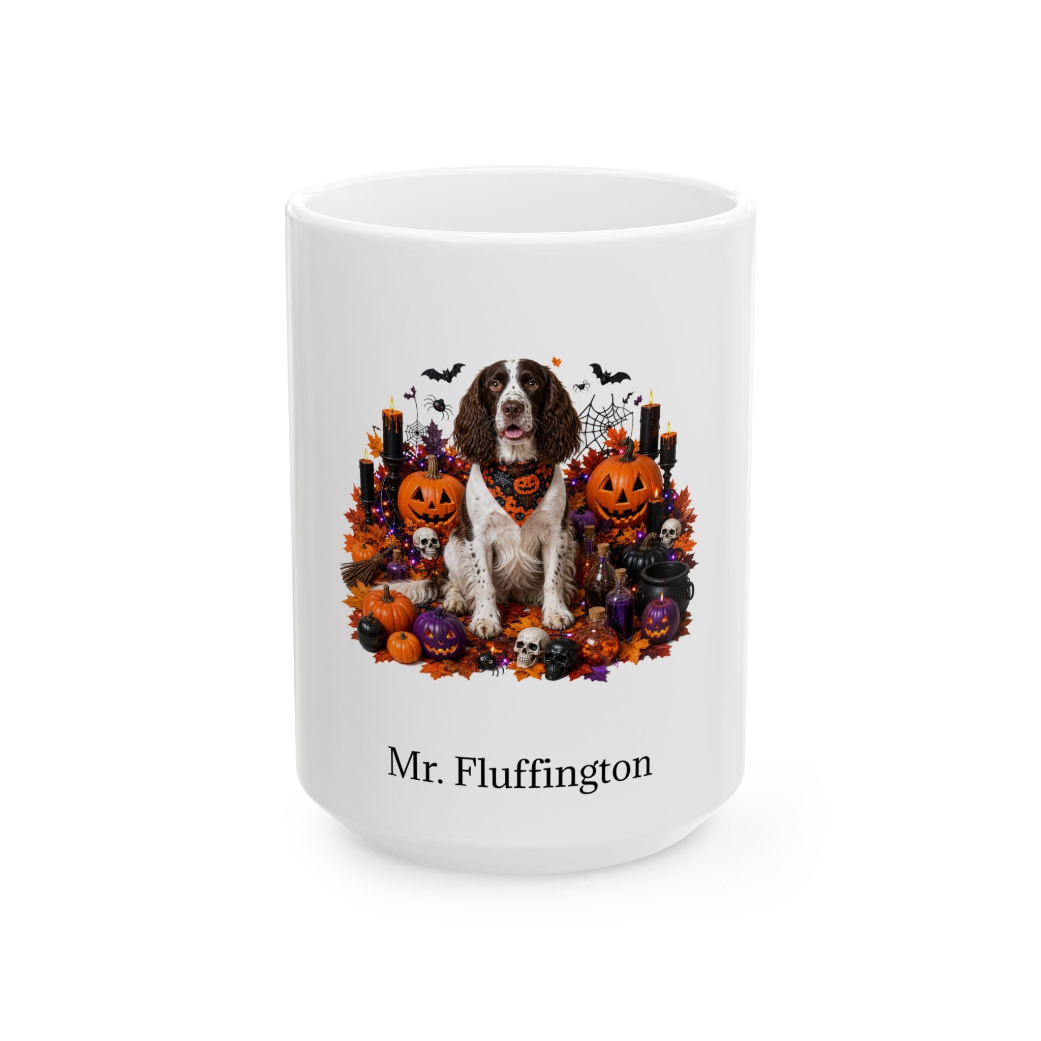 Personalized English Springer Spaniel dog Halloween mug, 11oz white ceramic, with custom pet name on front