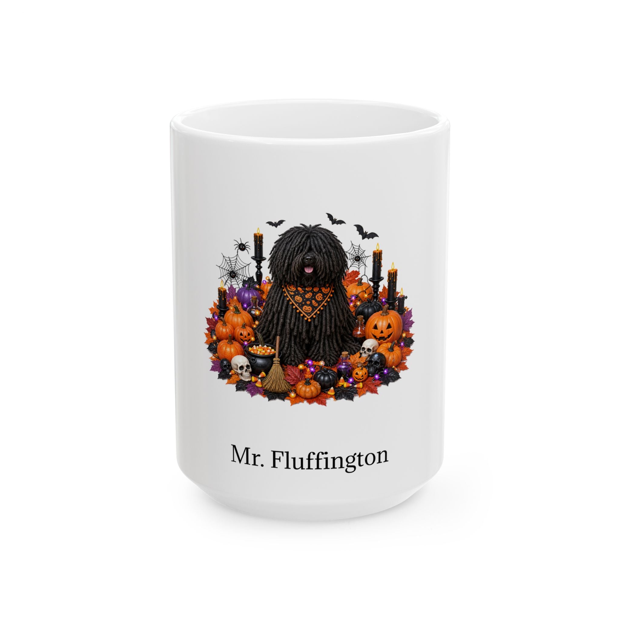 Personalized Puli dog Halloween mug, 15oz white ceramic, with custom pet name on front