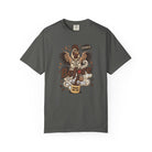 Charcoal grey unisex cotton t-shirt featuring a distressed graphic of a rooster drinking coffee.