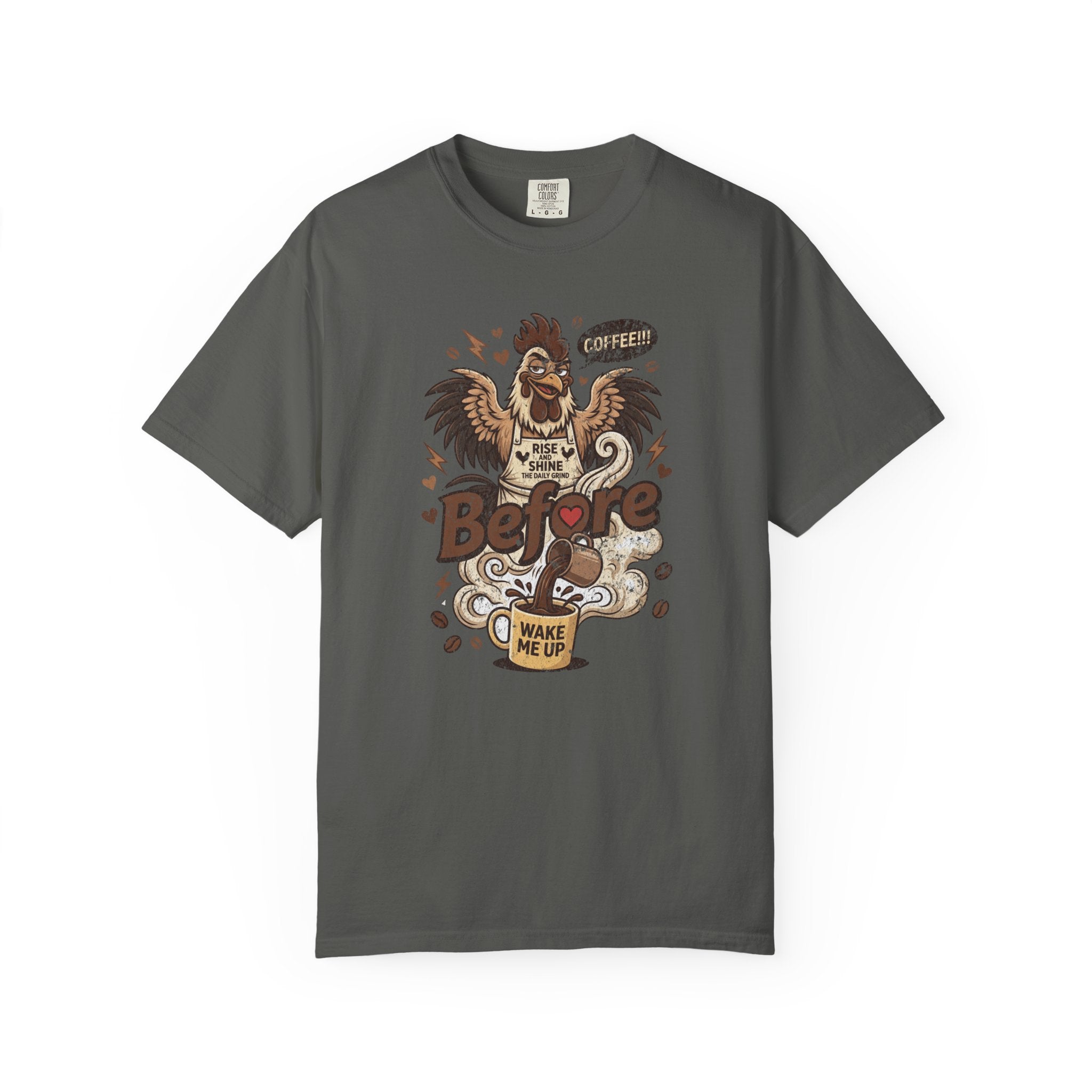 Charcoal grey unisex cotton t-shirt featuring a distressed graphic of a rooster drinking coffee.