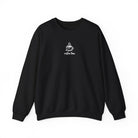 A black crewneck sweatshirt featuring a small white graphic of a smiling coffee cup and text.