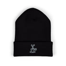 Black cuffed beanie with embroidered minimalist coffee cup design.