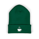 Green cuffed beanie with embroidered white coffee cup motif.
