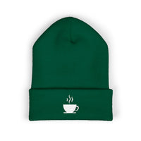 Green cuffed beanie with embroidered white coffee cup motif.