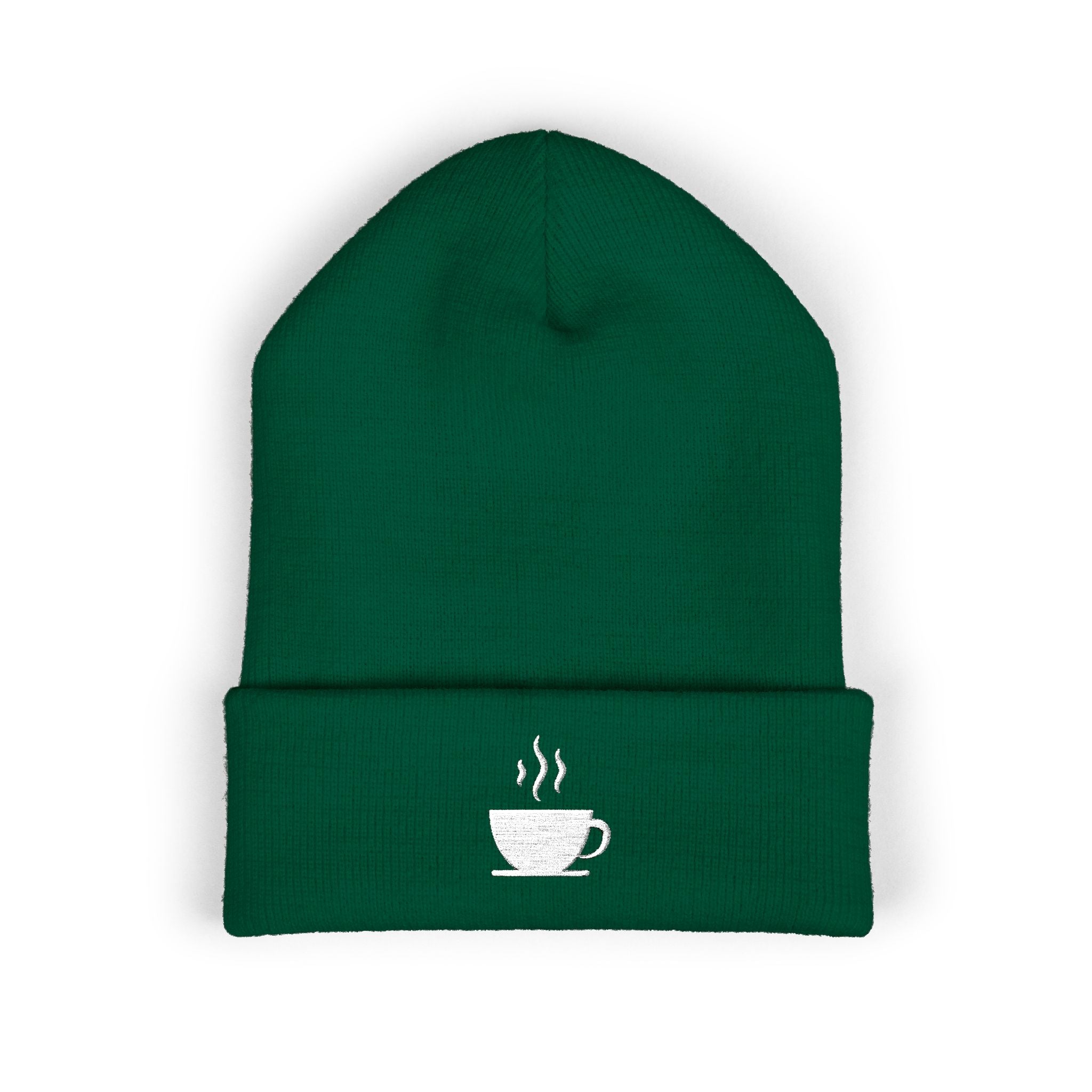 Green cuffed beanie with embroidered white coffee cup motif.