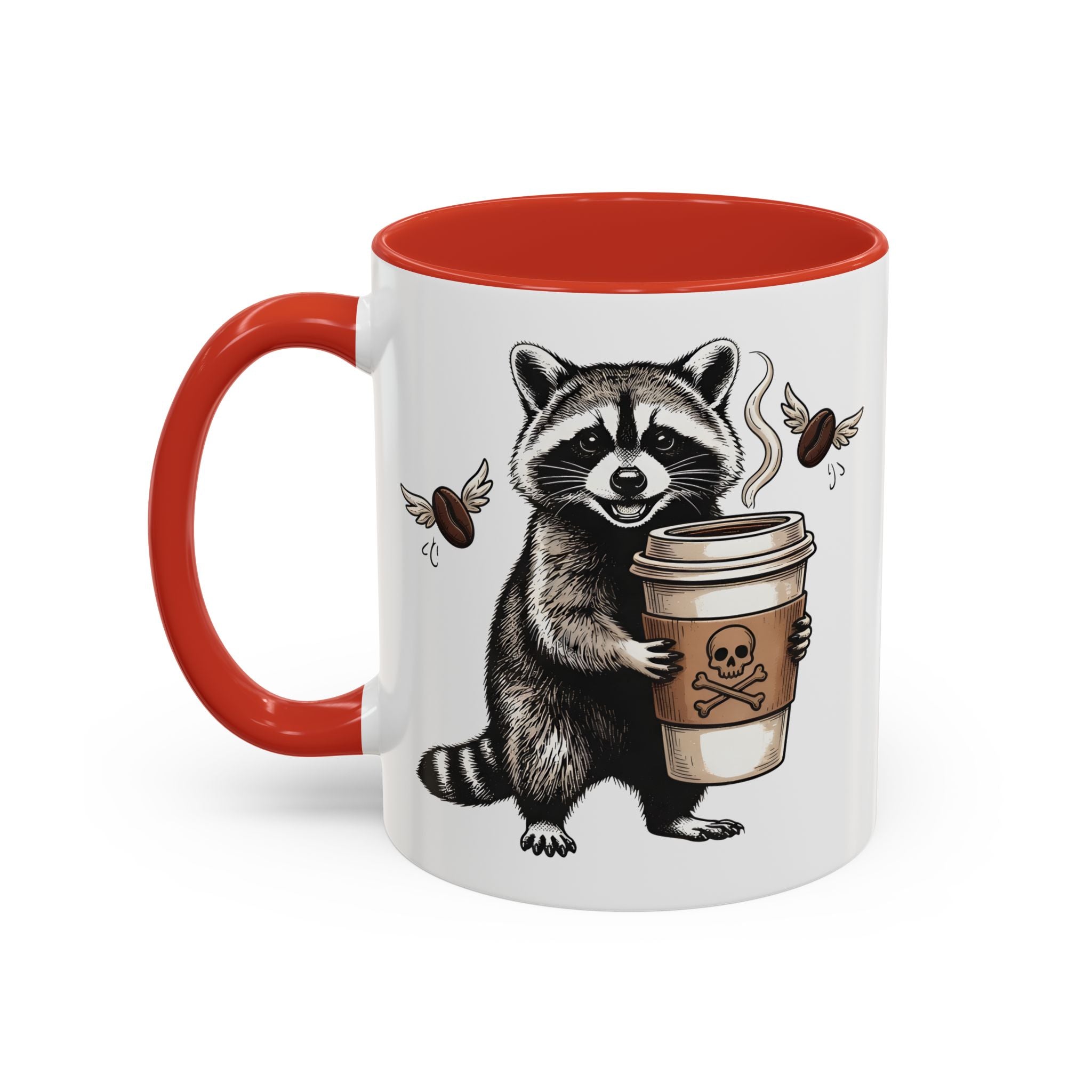 White ceramic mug with a red handle and interior, featuring a raccoon holding a coffee cup.