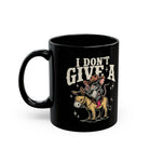 Black coffee mug featuring a graphic of a cowboy mouse riding a donkey with the text I DON'T GIVE A