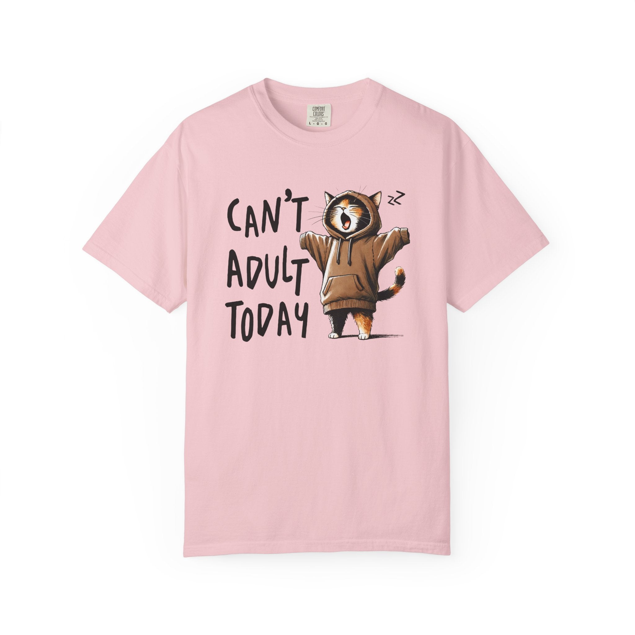 A light pink heavyweight cotton t-shirt featuring a graphic of a yawning cat in a brown hoodie.