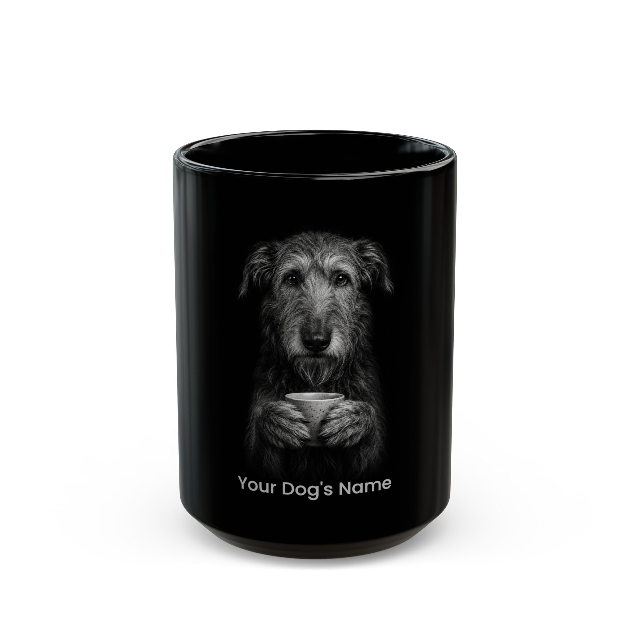 Personalized Scottish Deerhound black ceramic coffee mug with custom dog name