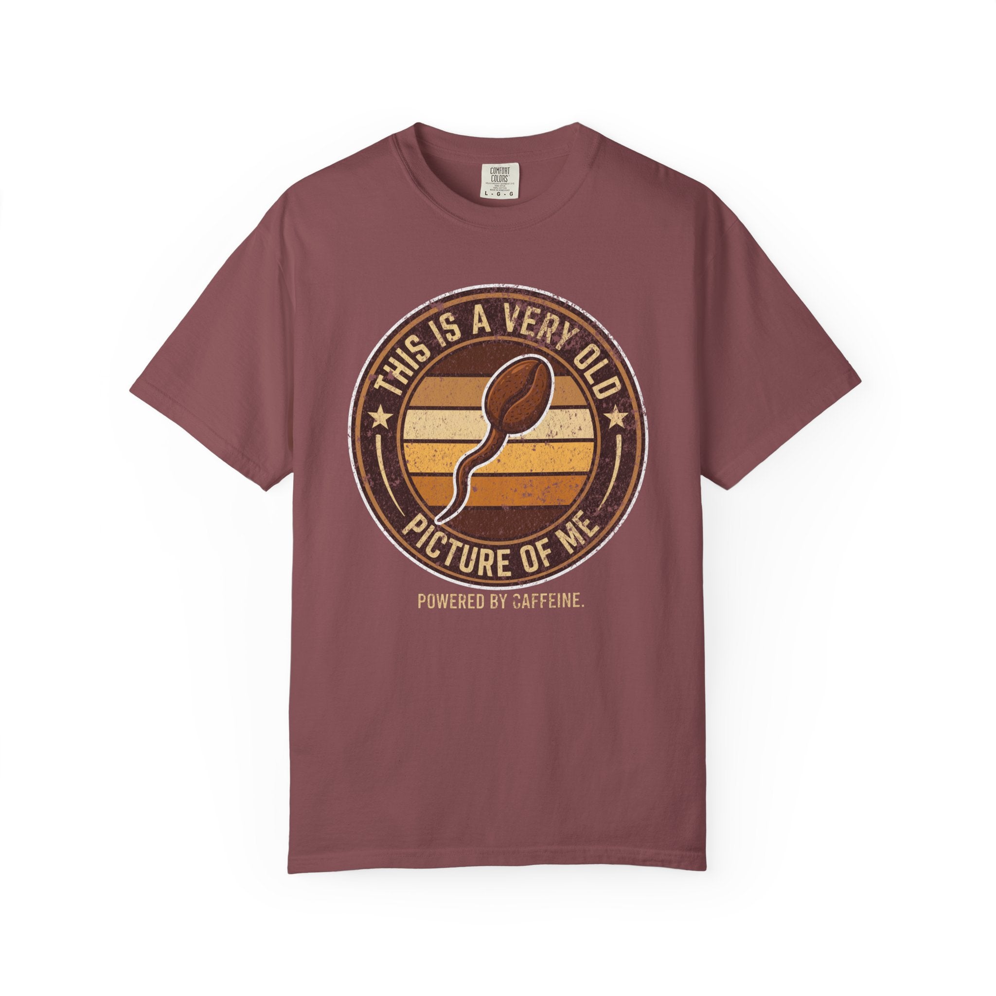 Maroon t-shirt with a vintage-style graphic of a coffee bean shaped like a sperm cell.
