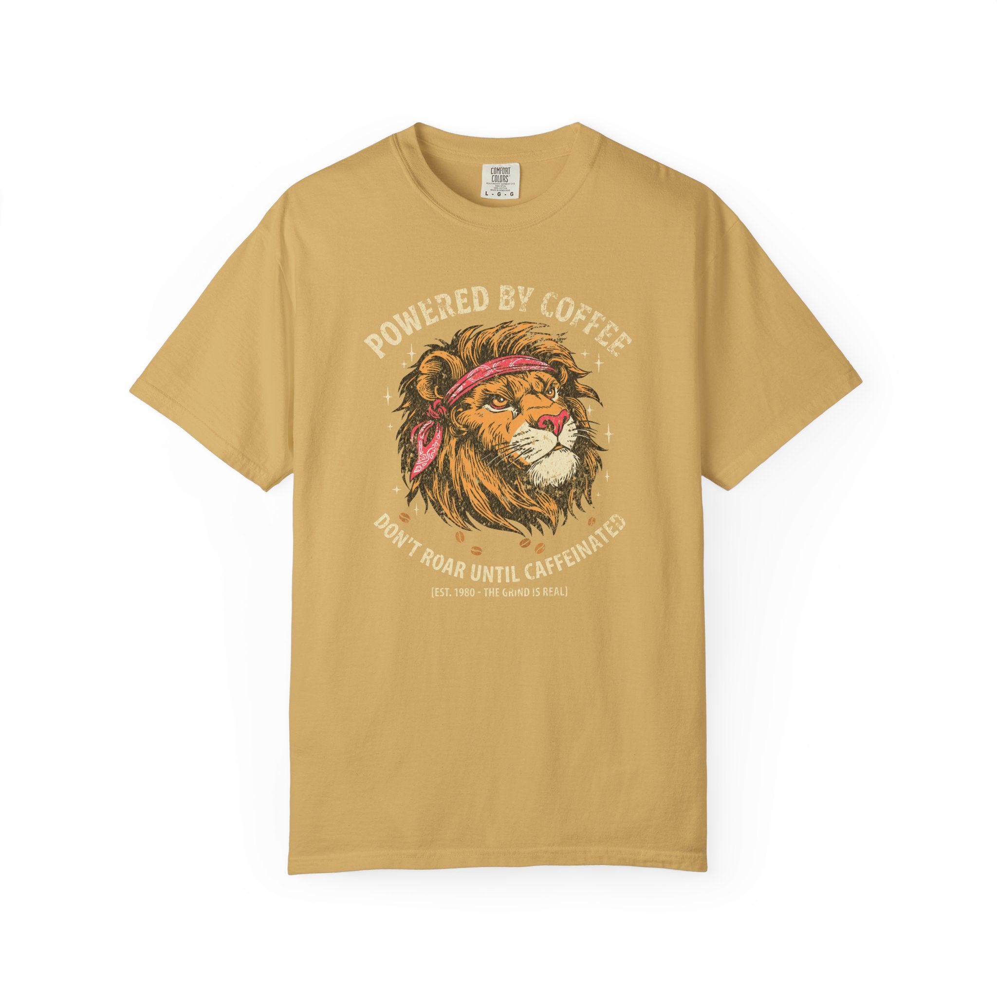 Mustard yellow t-shirt with a distressed graphic of a lion wearing a bandana and coffee text.