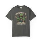 Dark grey unisex t-shirt with a distressed graphic of an alien wearing sunglasses and peace signs.