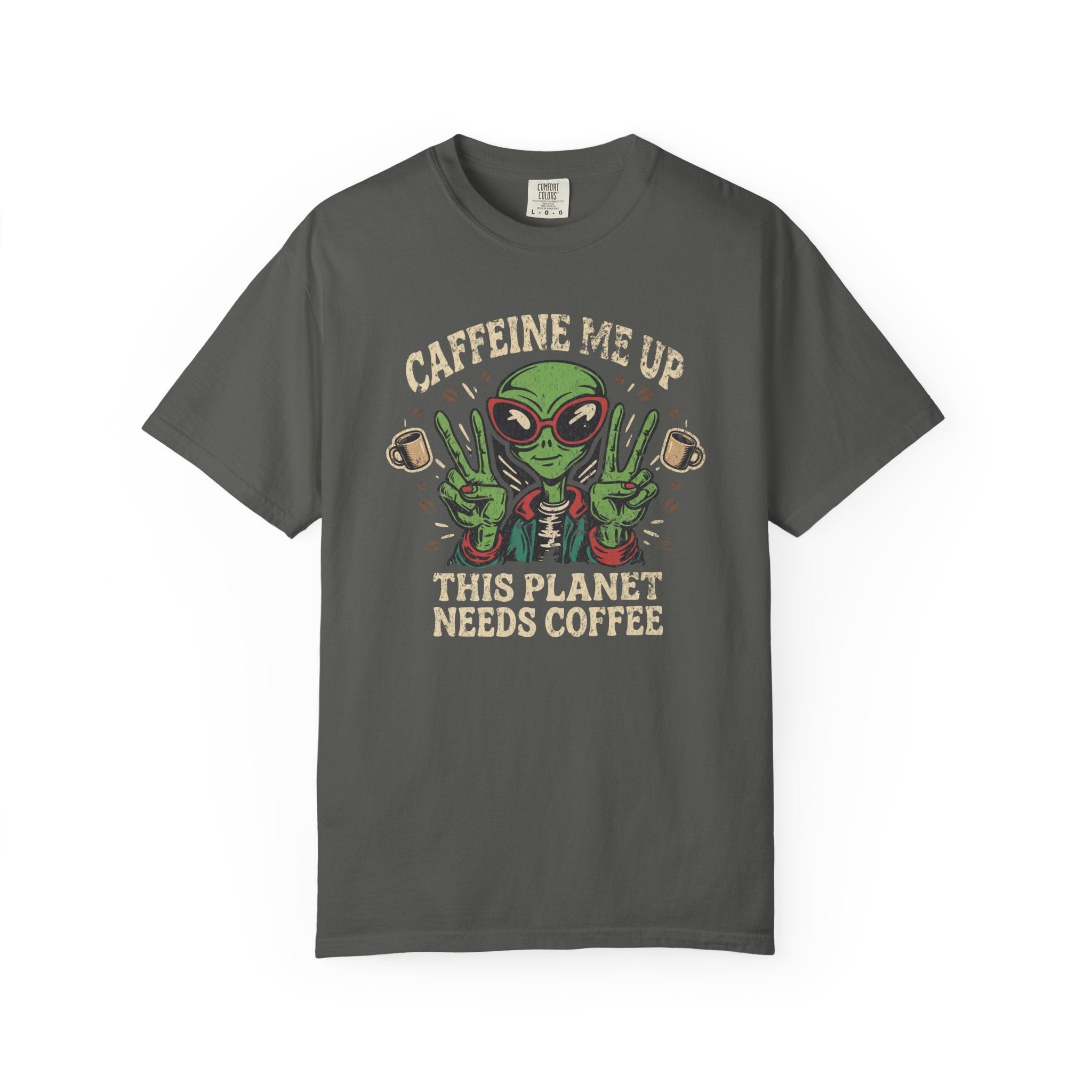 Dark grey unisex t-shirt with a distressed graphic of an alien wearing sunglasses and peace signs.