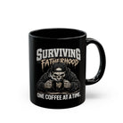 Black ceramic mug featuring a skeleton in a hoodie drinking coffee with Surviving Fatherhood text.