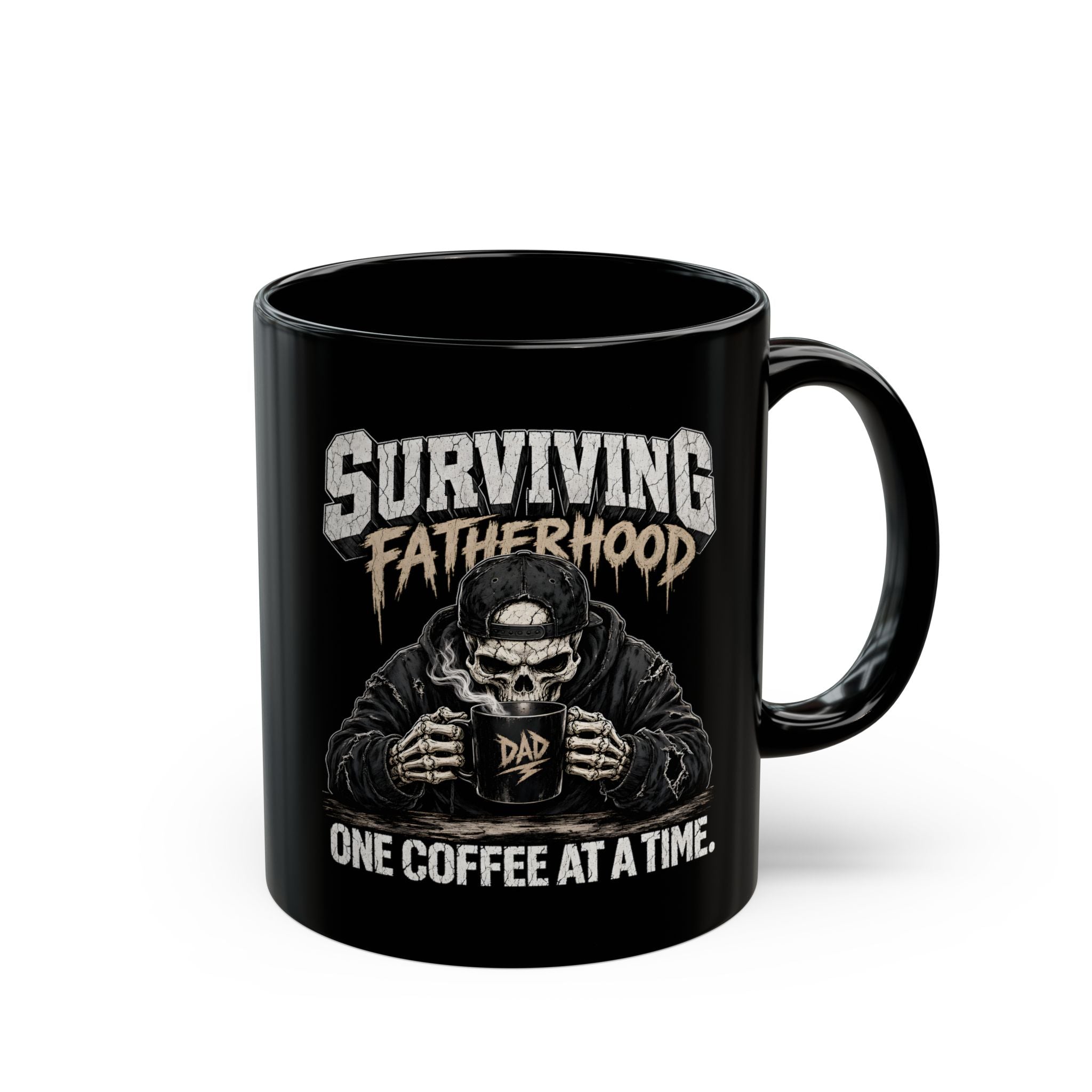 Black ceramic mug featuring a skeleton in a hoodie drinking coffee with Surviving Fatherhood text.