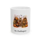 Personalized Bengal cat Halloween mug, 11oz white ceramic, with custom pet name on front