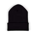 Black cuffed knit beanie with embroidered detail.