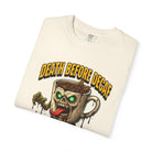 Off-white t-shirt featuring a gothic zombie coffee mug graphic with the text Death Before Decaf.