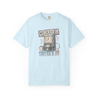 Light blue Comfort Colors 1717 t-shirt with a vintage graphic of a time clock and coffee mug.