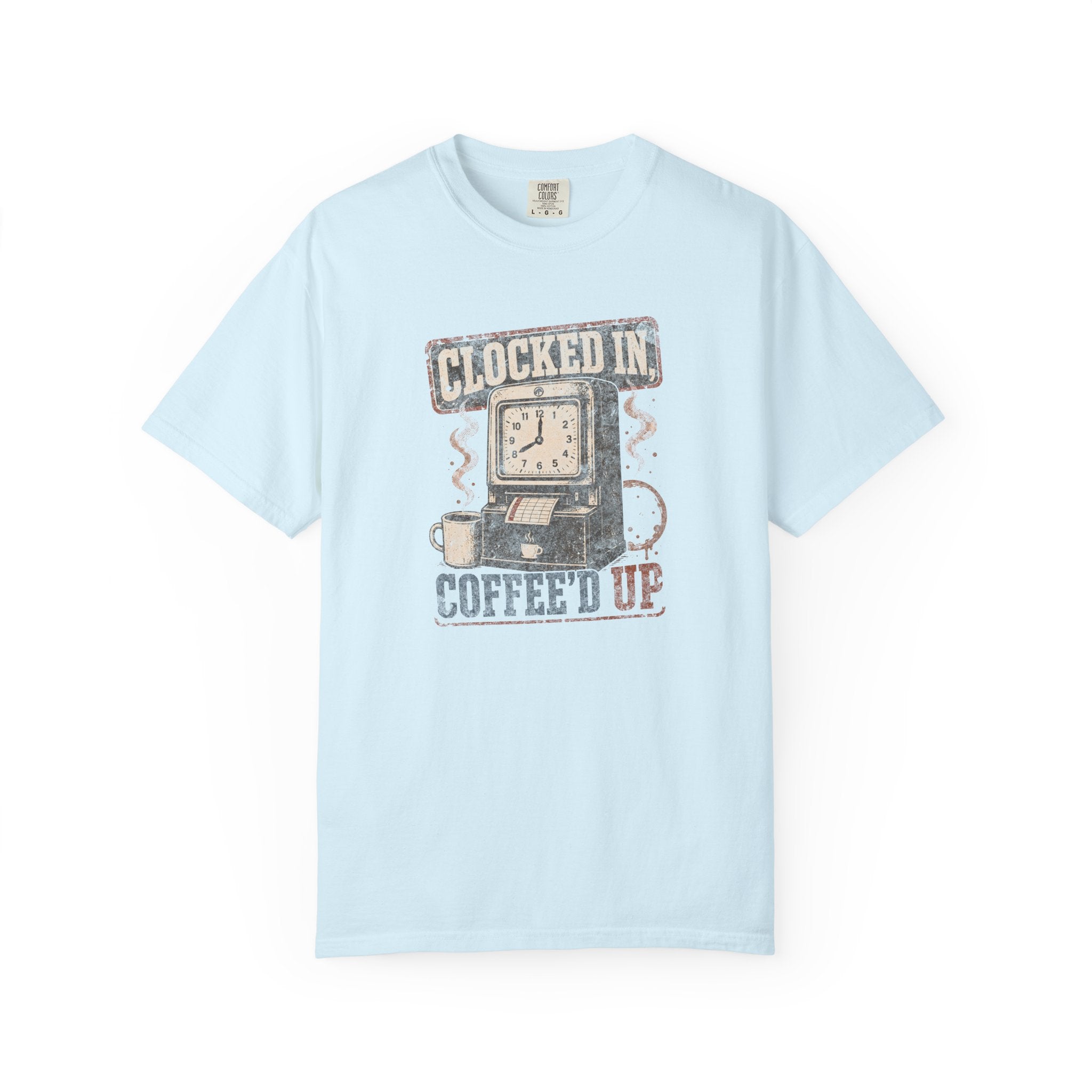 Light blue Comfort Colors 1717 t-shirt with a vintage graphic of a time clock and coffee mug.