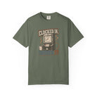 Olive green Comfort Colors 1717 t-shirt with a vintage clock and coffee graphic.