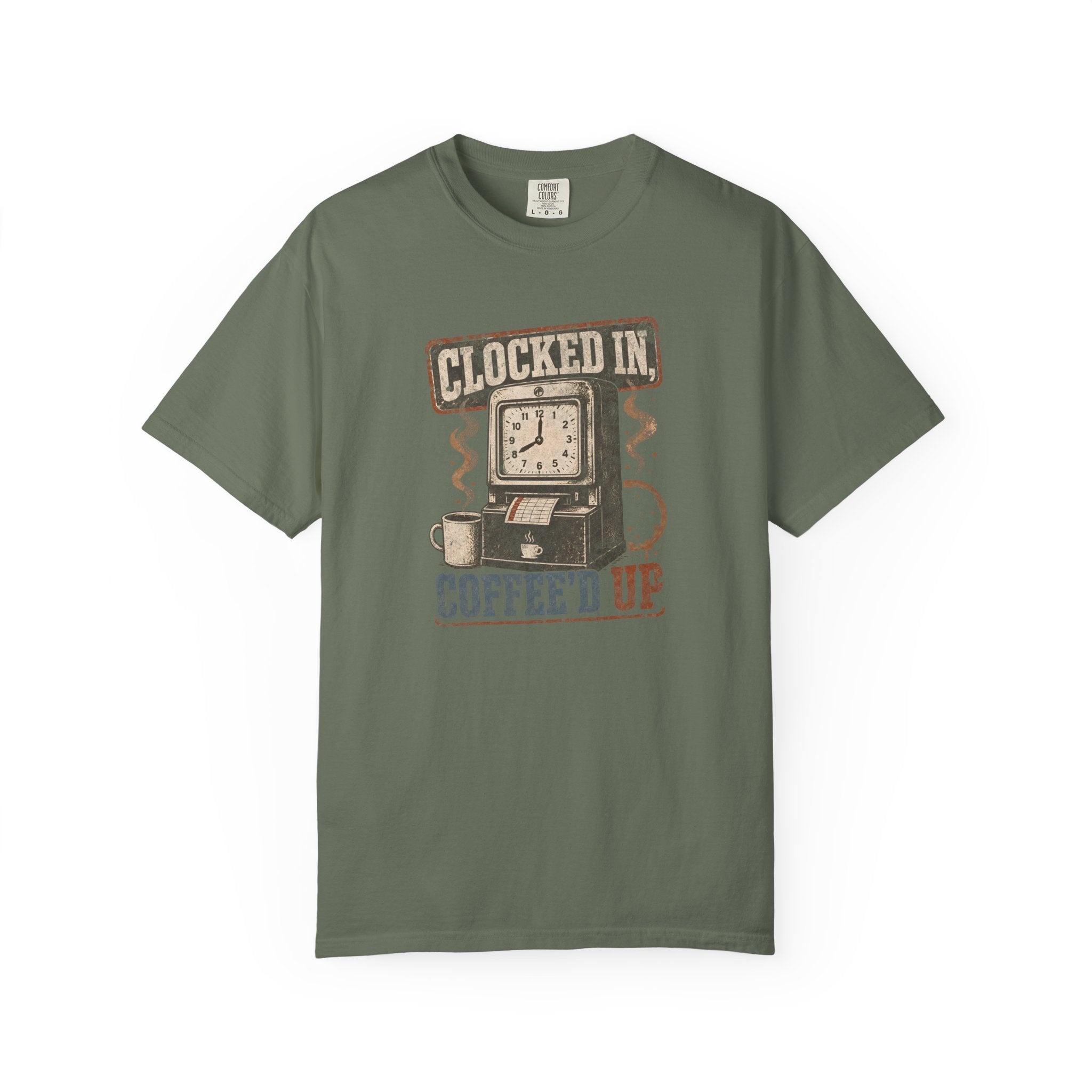 Olive green Comfort Colors 1717 t-shirt with a vintage clock and coffee graphic.