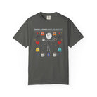Dark gray t-shirt with a distressed graphic of a stick figure, gaming icons, and coffee mugs.