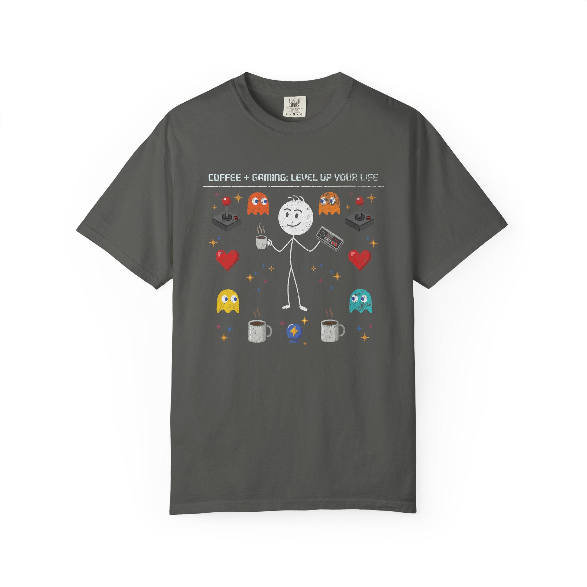 Dark gray t-shirt with a distressed graphic of a stick figure, gaming icons, and coffee mugs.