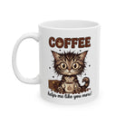 White ceramic mug featuring a fluffy kitten holding a coffee cup with the text Coffee helps me.