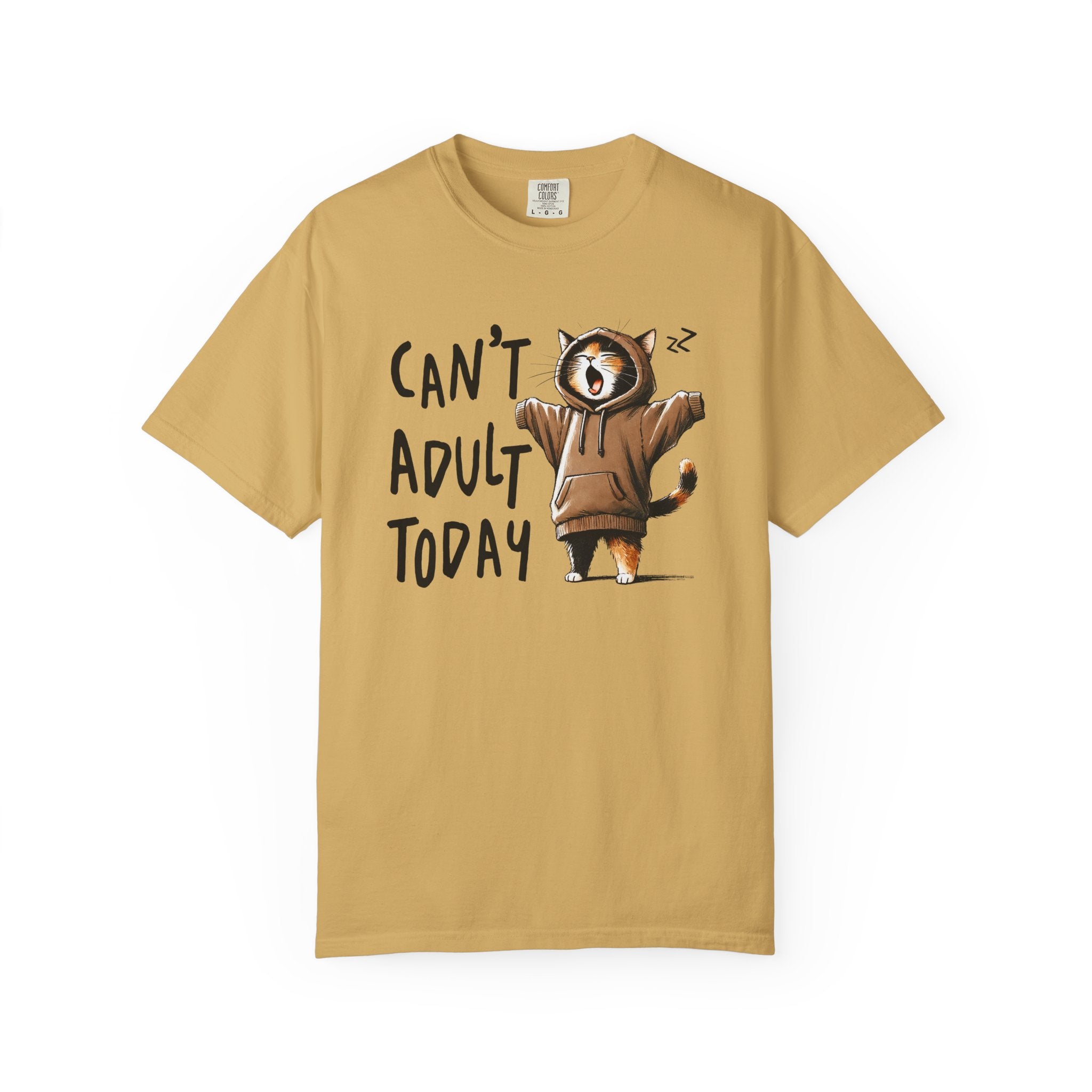 A mustard yellow heavyweight cotton t-shirt featuring a graphic of a yawning cat in a hoodie.