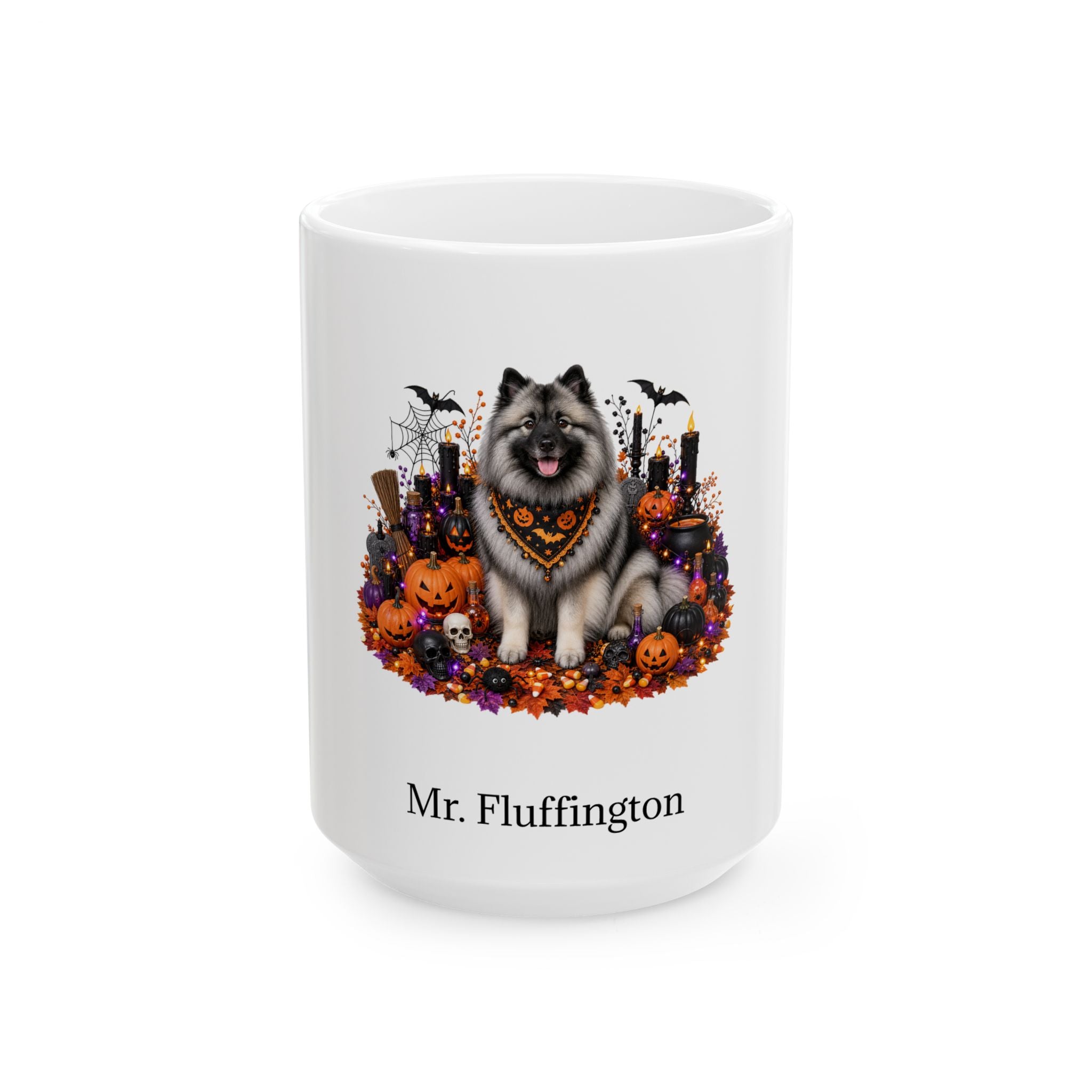 Personalized Keeshond dog Halloween mug, 15oz white ceramic, with custom pet name on front
