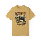 Mustard yellow unisex t-shirt with a distressed Death Before Decaf graphic featuring a skull.