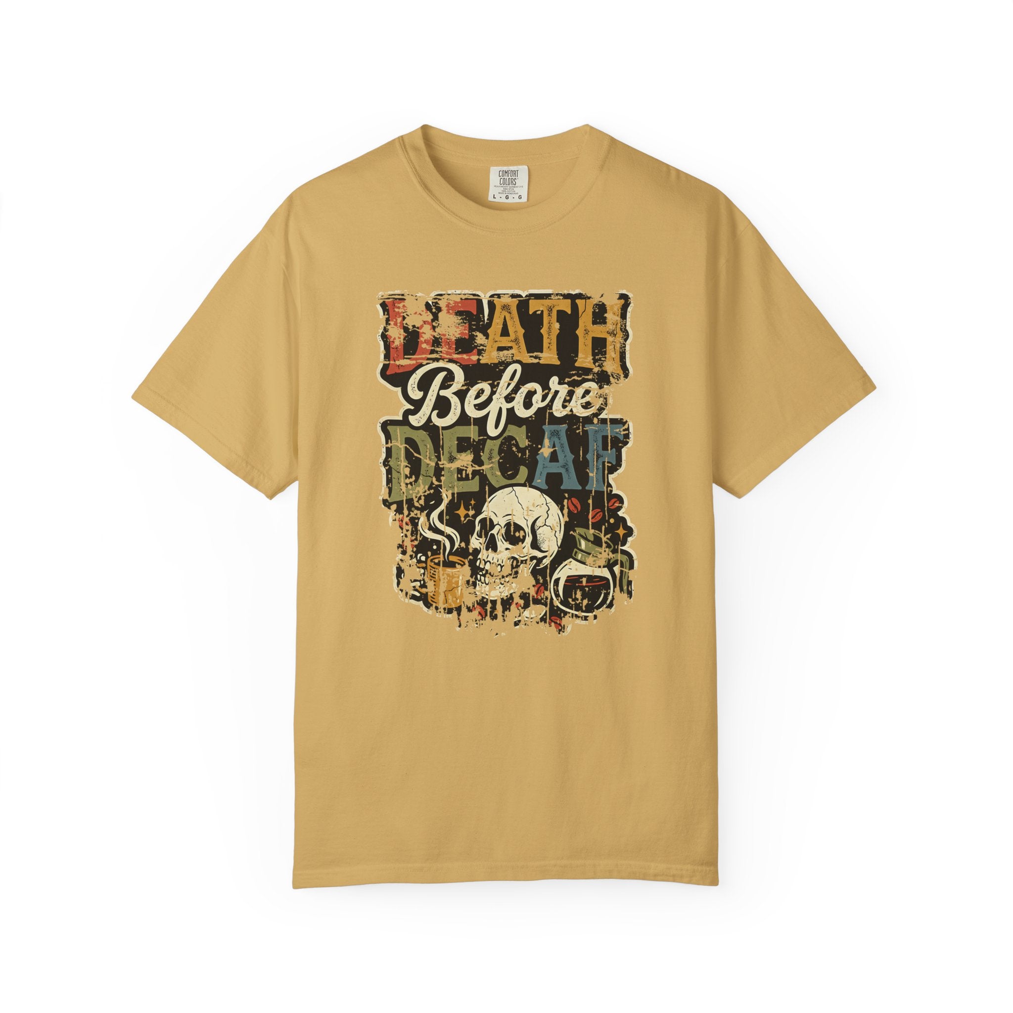 Mustard yellow unisex t-shirt with a distressed Death Before Decaf graphic featuring a skull.