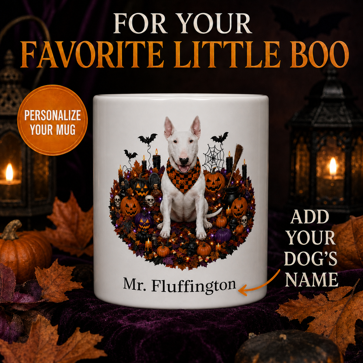 Personalized Bull Terrier Halloween Mug – Custom Dog Name Gift – front view with no handle