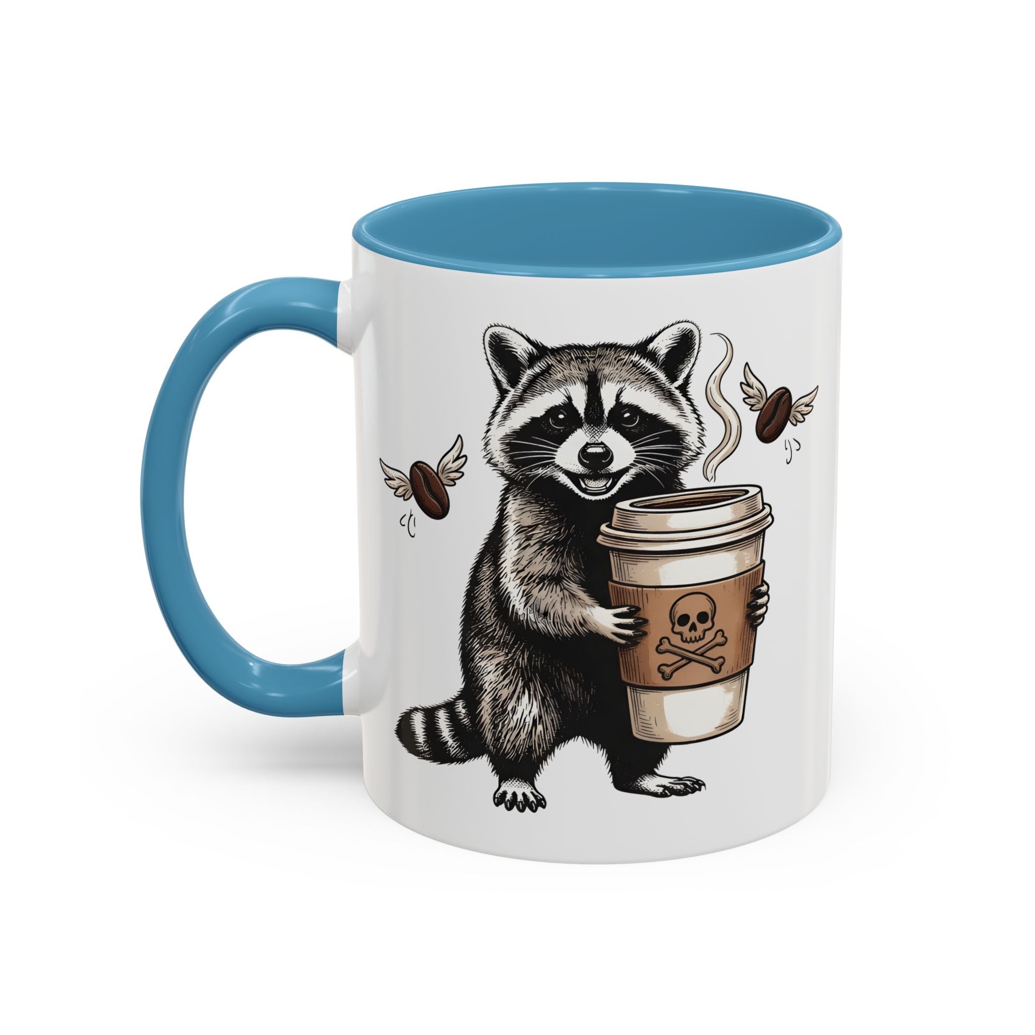 White ceramic mug with a blue handle and interior, featuring a raccoon holding a coffee cup.