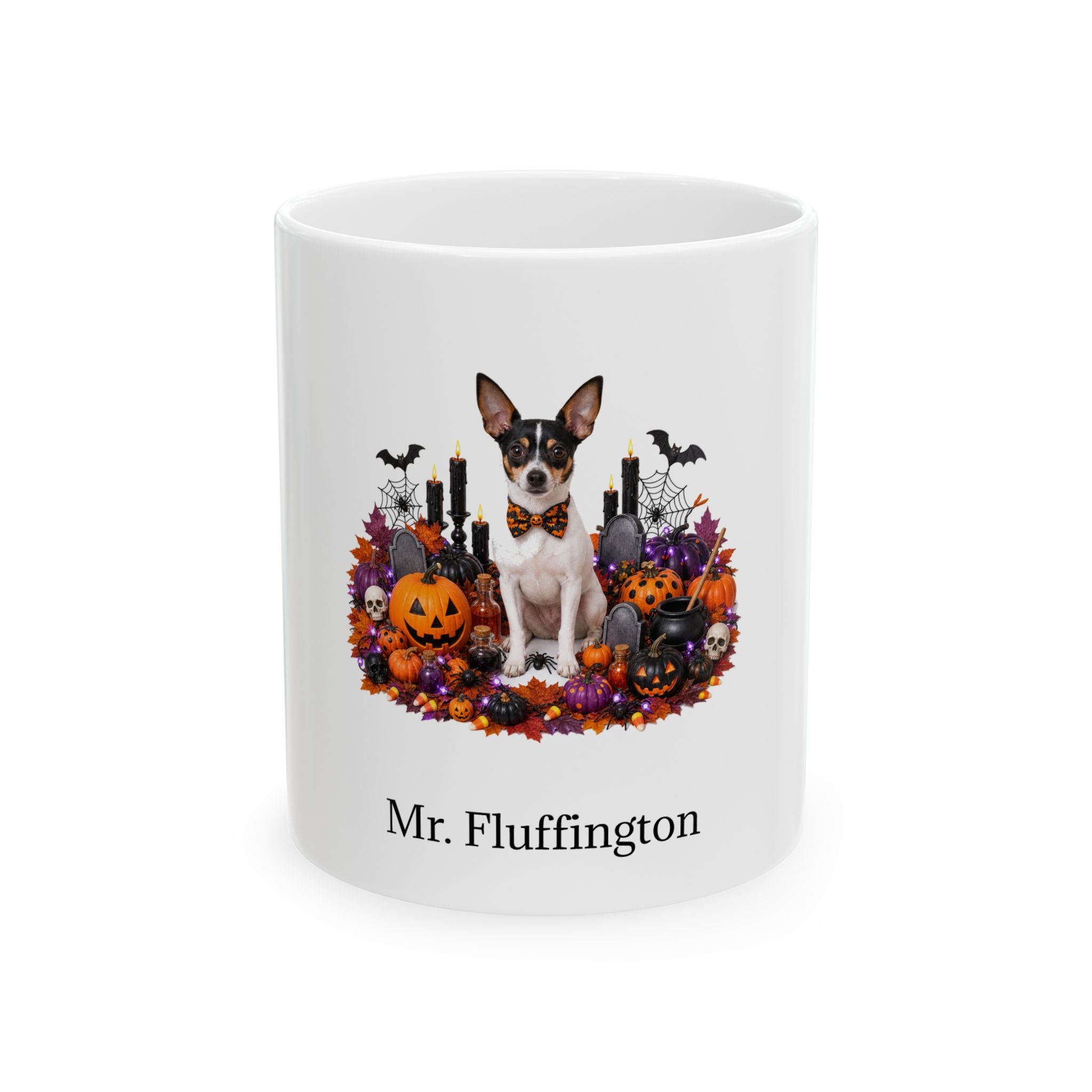Personalized Toy Fox Terrier dog Halloween mug, 15oz white ceramic, with custom pet name on front