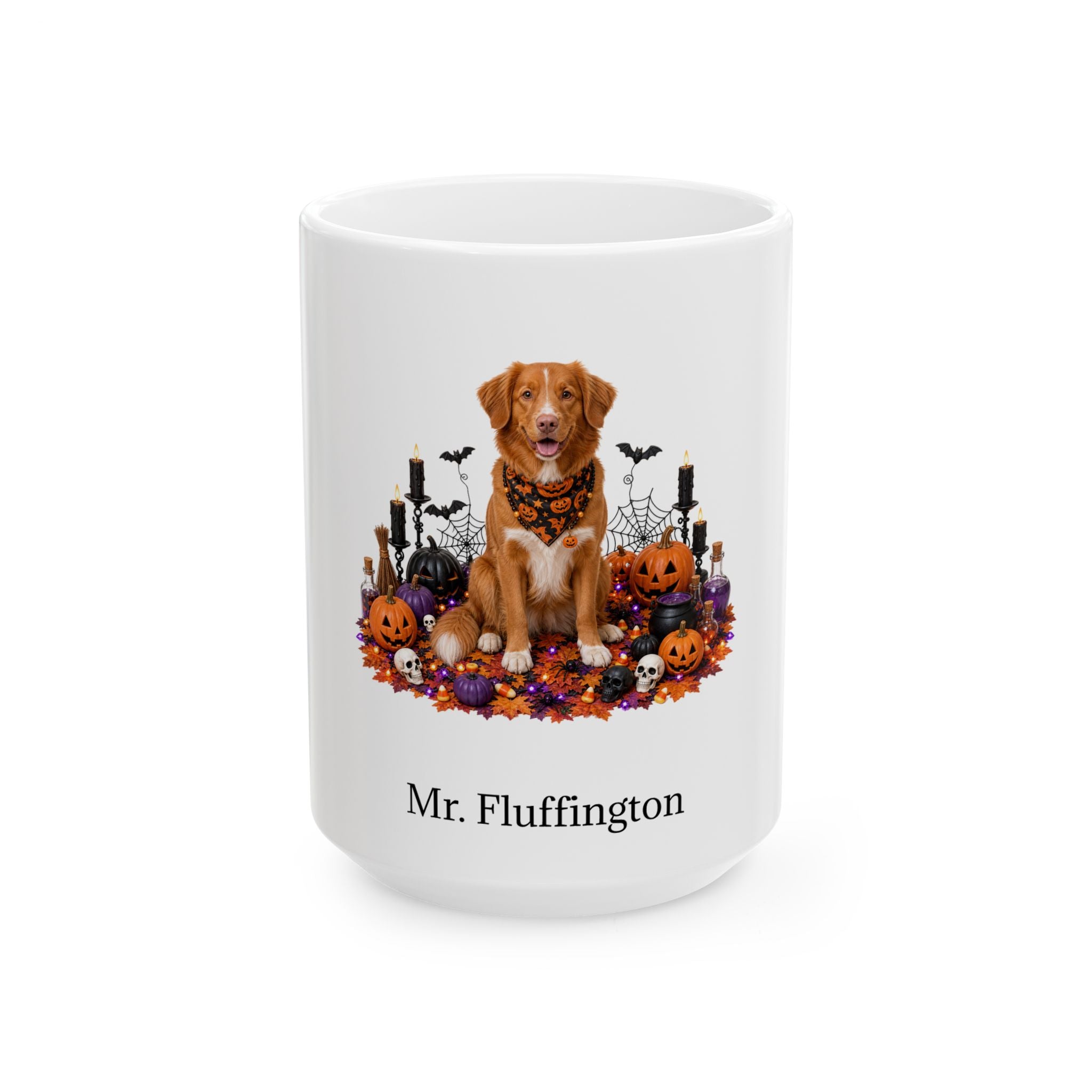 Personalized Nova Scotia Duck Tolling Retriever dog Halloween mug, 11oz white ceramic, with custom pet name on front
