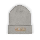 A grey cuffed beanie with "COFFEE" spelled out using periodic table elements embroidered on the front.